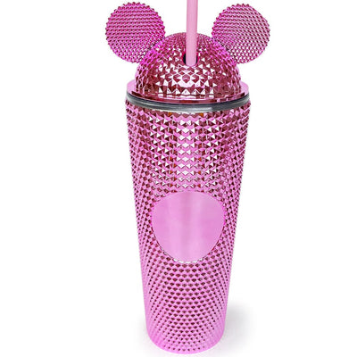 Ear Studded Metallic Tumbler With Straw - PINK (1 unit)
