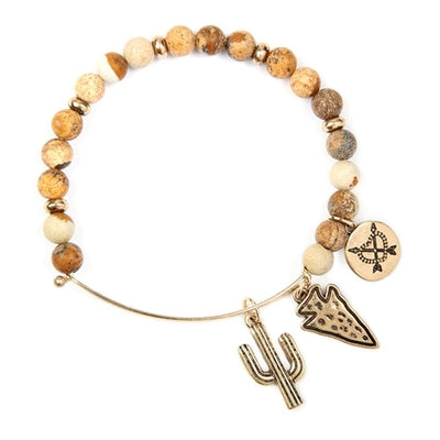 Cactus Charm With Natural Stone Wire Bracelet - Brown Gold (1 unit)