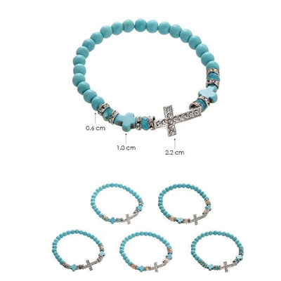 Rhinestone Cross Turquoise Bead Stretch Bracelets 5489 (12 units)