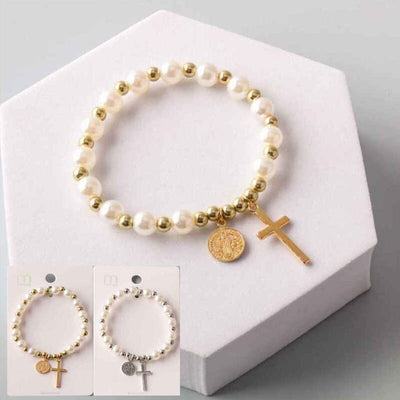 Cross Coin Pearl Beaded Bracelets 18301 (12 units)