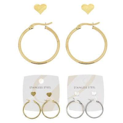 Heart and Hoop Stainless Steel 2PR Earrings 0015GS ( 12 units)