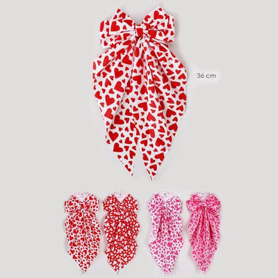 Heart Print Fabric Long Tail Hair Bow 2538 ( 12 units)