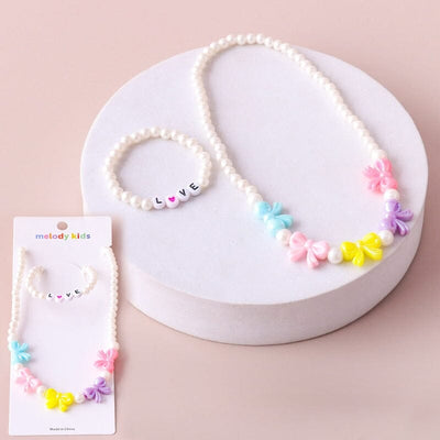 Kid's Bow Pearl Beaded Necklace Bracelet Set 0188 ( 12 units)