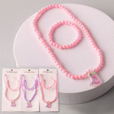 Kid's Cat Pearl Necklace Bracelet Set 0244 (12 units)