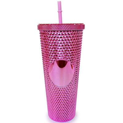 Studded Metallic Tumbler With Straw - PINK (1 unit)