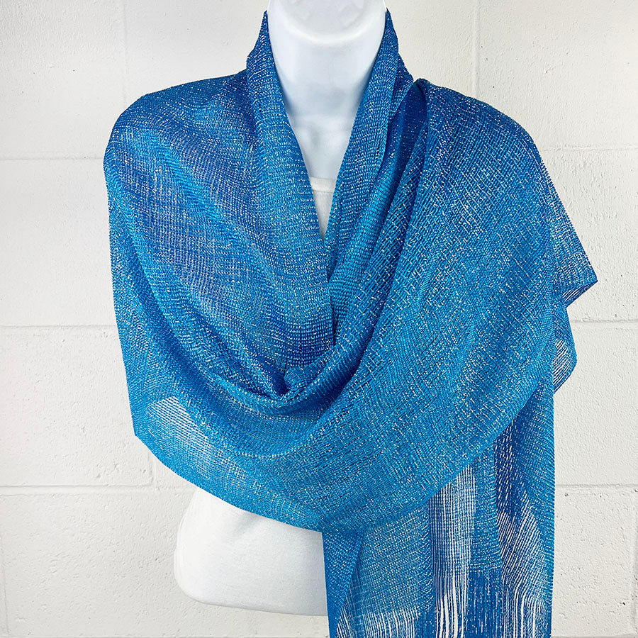 Metallic Fringe Multi Use Scarf Shawl Wraps Blue Tones (1